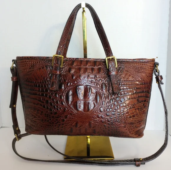 Brahmin Pecan Mini Asher Crocodile Embossed Leather Crossbody Satchel Purse - Picture 2 of 13